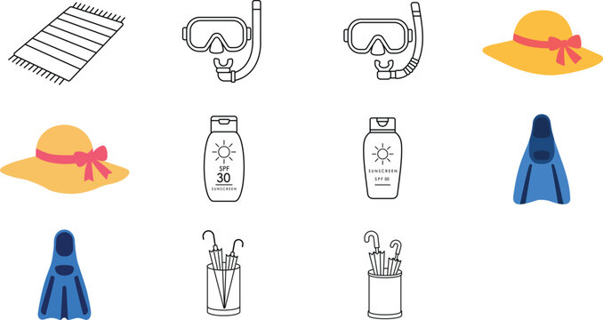 Professional summer vacation and travel vector icon bundle with minimalist line art snorkel mask, swim fin, sun hat, sunscreen bottle, beach towel and umbrella stand featuring editable stroke weight