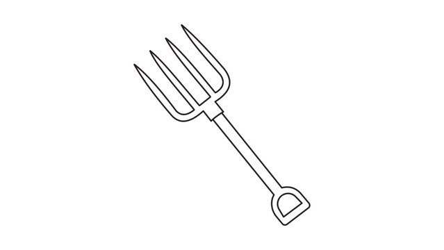 Minimalist gardening pitchfork vector icon with editable stroke for agriculture and farm work, professional hand-drawn illustration featuring adjustable line weight for versatile design projects.