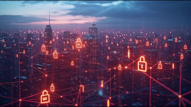 abstract innovative cyber security network, using interconnected nodes to represent business partnerships on the Smart digital Innovation city with connection network reciprocity over the smart city