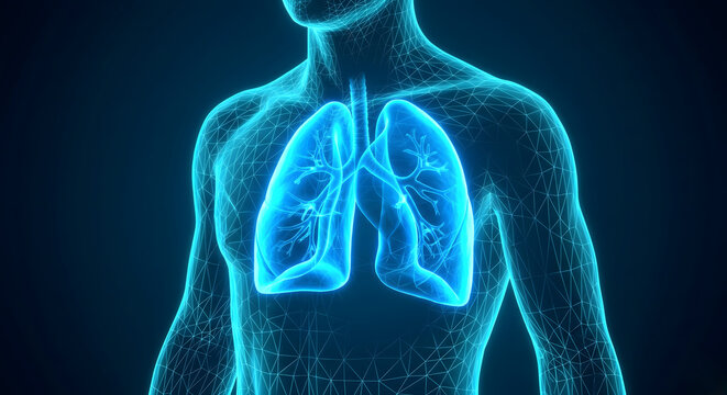 3D wireframe rendering of male human body with glowing blue lungs, internal organ anatomy medical illustration on dark background, respiratory system healthcare and human biology science.