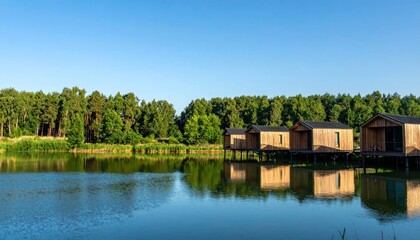 Fototapeta premium Serene Lake with Wooden Cabins and Trees.