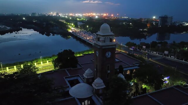 Aerial Night View of Napier Bridge and Ripon Building Chennai Tamil Nadu India