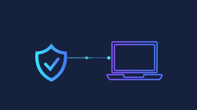 Animated motion graphics of a security shield icon connecting to a laptop computer via pulsing dots. Concept of workstation cybersecurity, encrypted data protection, and network safety on dark blue.