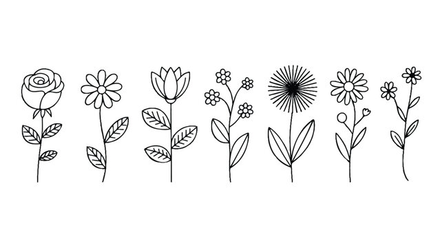 A minimalist business icon design showing various flowers and leaves in a simple line style for a graphic illustration.