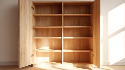 Fototapeta premium An empty, spacious double-door wooden cabinet with clean shelves, bathed in warm, dappled sunlight