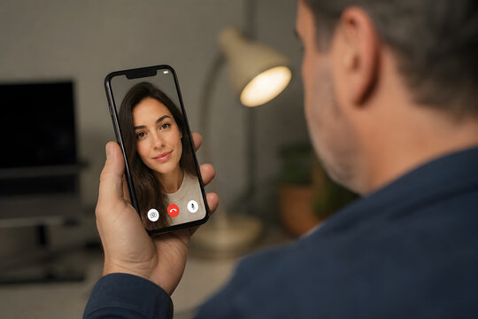 Man looking at smartphone with video chat of attractive young woman. AI deepfake and online deception concept