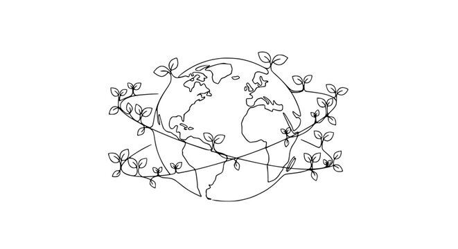 Earth globe wrapped in growing plant vines with leaves, eco-friendly concept, white background