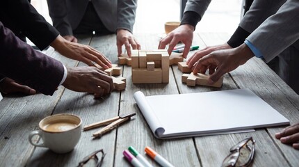 Business professionals collaborating to assemble wooden puzzle blocks on a rustic table, symbolizing strategic teamwork. © Christine