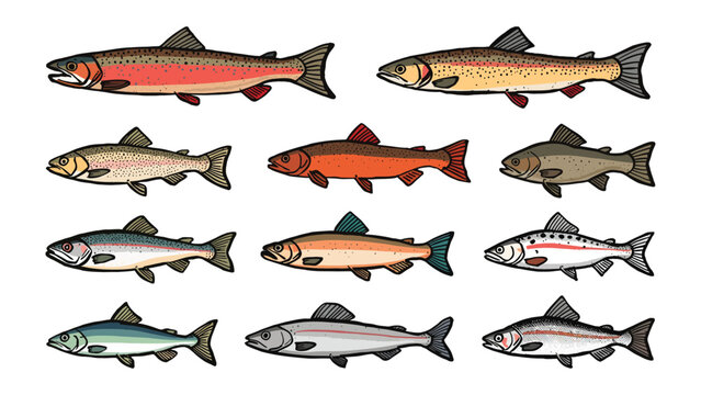 Diverse Fish Species in Artistic Arrangement: A captivating collection of different fish species, each displaying unique colors and patterns, meticulously arranged for an artistic presentation.