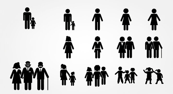 Black silhouettes of diverse family groups.