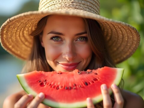 Estate, caldo, sete: bella ragazza al mare che gusta una fetta di anguria fresca