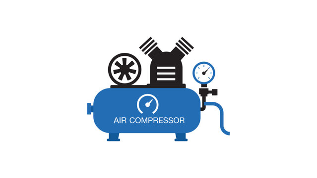 Industrial air compressor vector icon featuring a portable tank with pressure gauge and motor assembly, high quality minimalist hand-drawn illustration for workshop equipment and pneumatic tools.