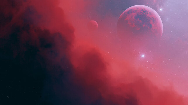 Red Alien Planet Landscape Under Cosmic Sky