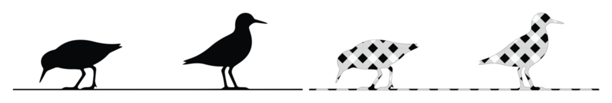 Shorebird silhouette vector set, black sandpiper and plover bird icons, minimalist coastal wildlife graphics for nature conservation and beach design