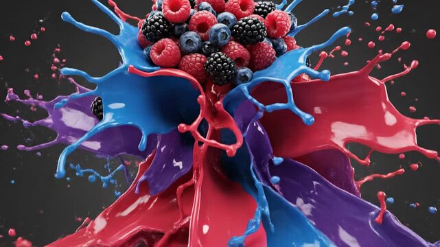 Dynamic splash of vibrant colorful liquid featuring raspberry, blueberry, blackberry fruit, an energetic explosion of red, blue, purple hues showcasing fresh berry elements, captivating visual