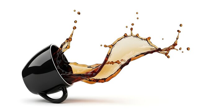Coffee spill from black mug isolated on white background liquid splash concept