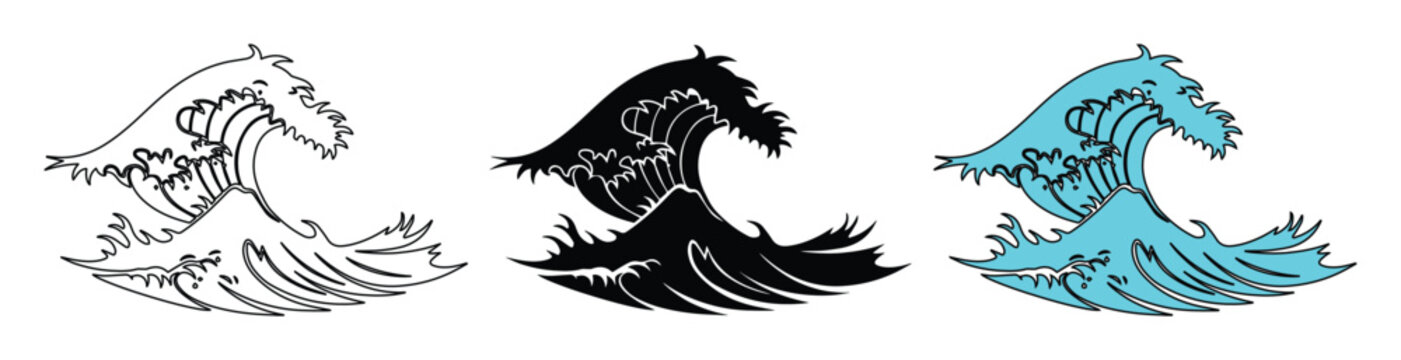 Japanese style ocean wave vector set, traditional oriental sea surf illustrations, blue and black ukiyo-e inspired water wave icons for logo design