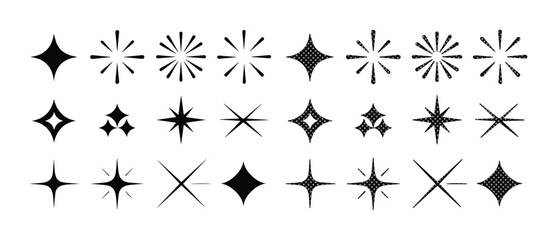Sparkle star icon set with 24 black vector elements, minimalist twinkling starburst shapes, decorative magic glint and shine symbols for graphic design © Caleb