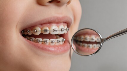 Naklejka premium A person with orthodontic braces smiles and shows their teeth in a mirror, highlighting their dental health and care.