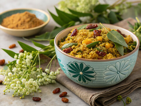 Ugadi bevu bella mixture in bowl, authentic South Indian festive food, realistic image