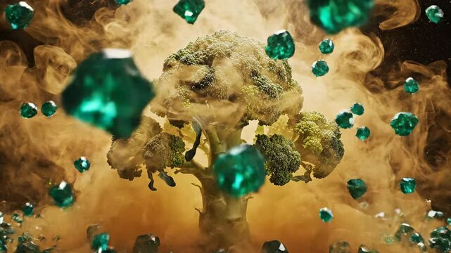 Dynamic burst of golden smoke and emerald green crystals. Abstract visual evokes powerful energy. Vibrant teal fragments explode, showing captivating glow, pure nutrition