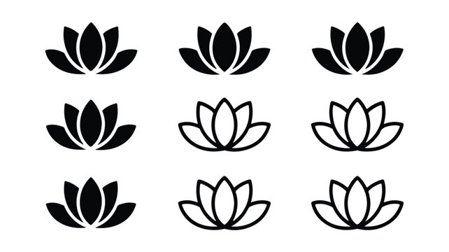 A set of seven black and white lotus flower silhouettes are arranged