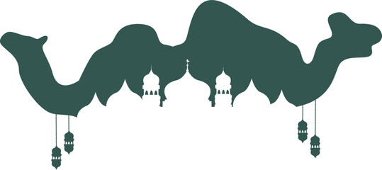 Ramadan & Eid Mubarak Decorative Border with Camels, Mosque Domes & Lanterns Silhouette © ftb_desain