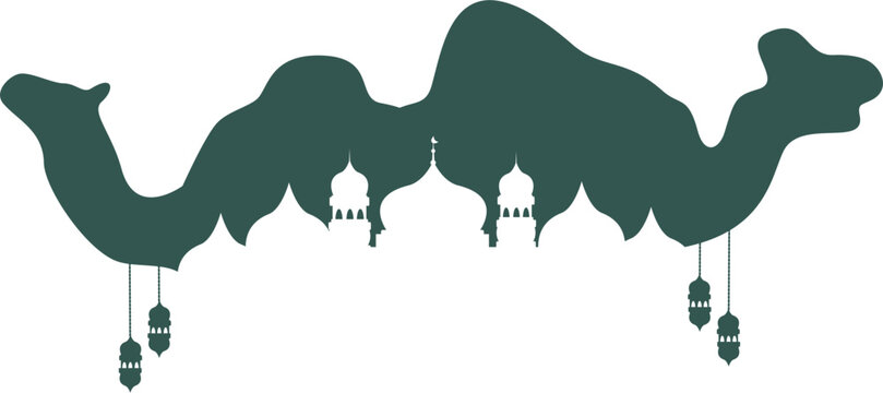 Ramadan & Eid Mubarak Decorative Border with Camels, Mosque Domes & Lanterns Silhouette