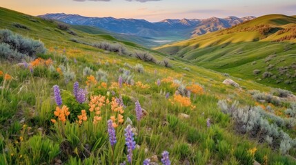 Obraz premium Experience the serene beauty of a mountain meadow bathed in the warm glow of a golden sunset.