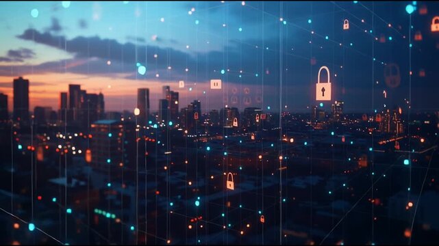 abstract innovative cyber security network, using interconnected nodes to represent business partnerships on the Smart digital Innovation city with connection network reciprocity over the smart city