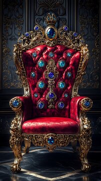 Opulent throne with regal embellishments in rich velvet and intricate goldwork