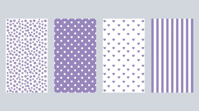 Set of four purple patterns featuring dotted, polka dot, heart-shaped, and striped designs for backgrounds, textiles, and wallpaper projects.