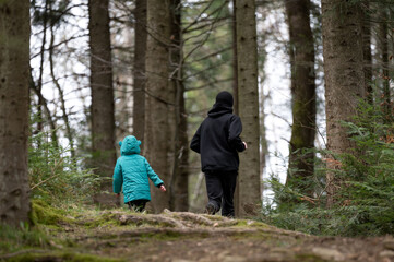 Fototapeta premium Meandering through a tranquil forest path alongside a child and their guardian, we relish the refreshing coolness of an early spring afternoon