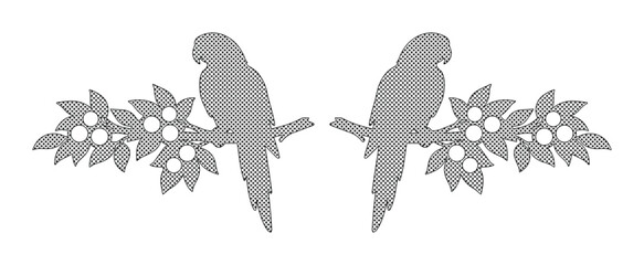Symmetrical parrot silhouette vector, tropical bird sitting on berry branch, grey exotic macaw illustration for laser cutting and vinyl decals © Caleb