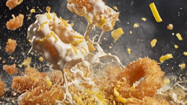 Golden crispy fried food pieces, covered with creamy white sauce and vibrant yellow zest, dynamically splash. Delicious appetizing savory snack rings, perfect hot crunchy appetizer for any party