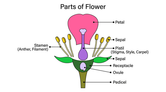 Educational diagram of a flower anatomy showing petals, sepals, stamen, pistil, receptacle and pedicel for biology and botany learners