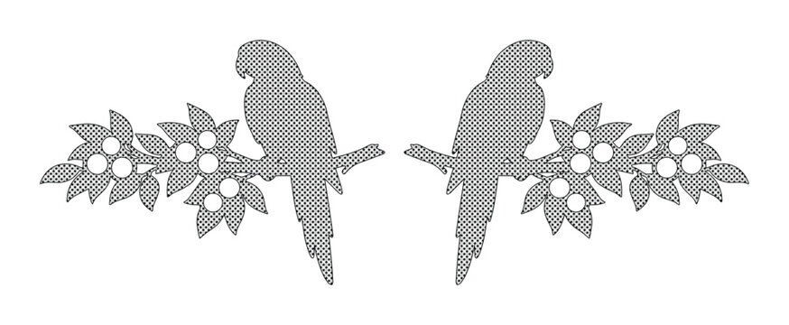 Symmetrical parrot silhouette vector, tropical bird sitting on berry branch, grey exotic macaw illustration for laser cutting and vinyl decals