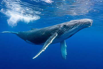 Fototapeta premium Humpback whale swimming underwater in deep ocean