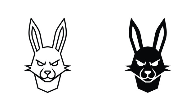 Angry rabbit head mascot in line art and silhouette style