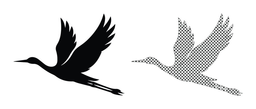 Minimalist flying crane silhouette vector, black stork bird in flight, elegant heron wing span icons for logo design and nature branding