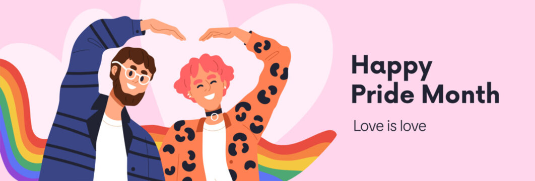 Pride Month banner for LGBT love celebration. Horizontal background design with happy people celebrating, supporting LGBTQ parade, homosexual gay and lesbian rainbow flag. Flat vector illustration