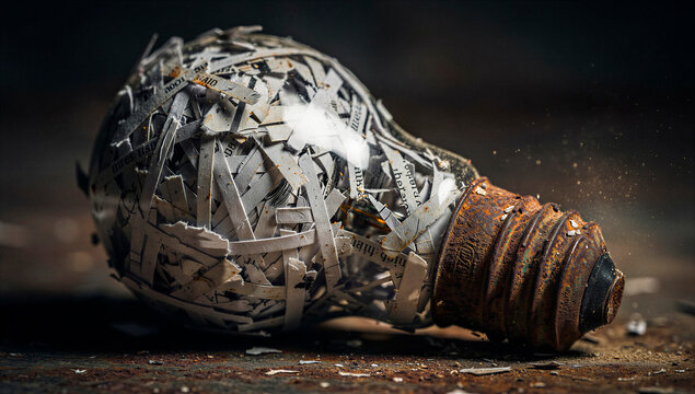Metaphorical image of a fractured light bulb, overflowing with shredded documents, symbolizing the downfall of innovative ideas and the harsh reality of business failure and creative demise