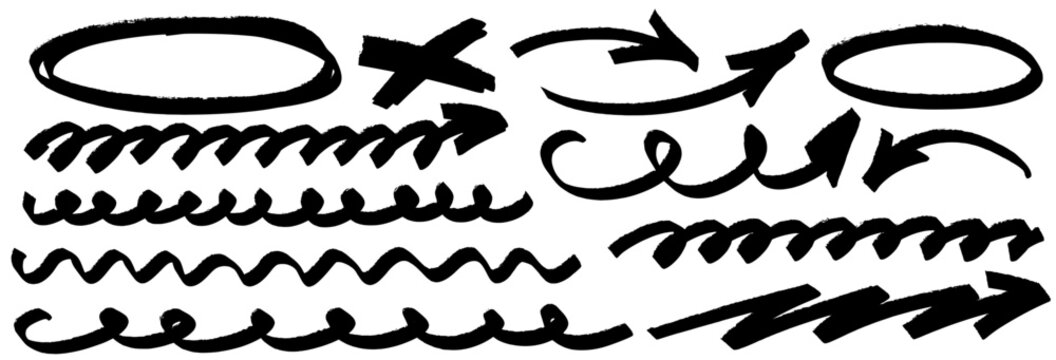 Sketch set of hand drawn elements. Pencil and pen lines, marker highlights, drawn arrows and underlines. Hand marker highlight and arrow collection.