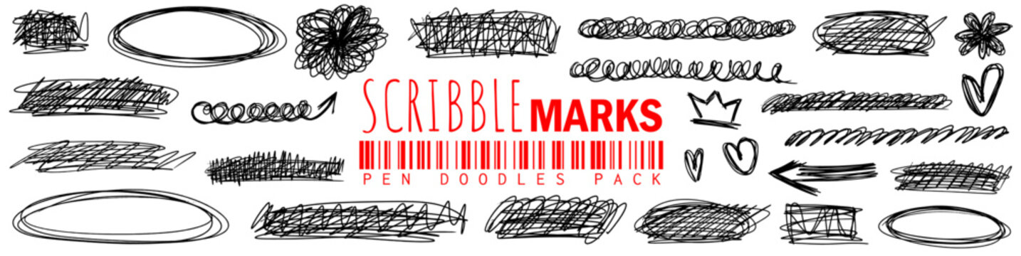 Messy ink doodles pen scratch circles, looping squiggles and frantic scribble lines. Organic hand-drawn texture for creative art.