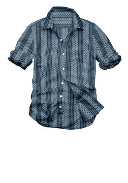 Men's casual short-sleeved button-down shirt featuring a navy and slate blue dobby weave pattern with a textured grid. Isolated on a white background.