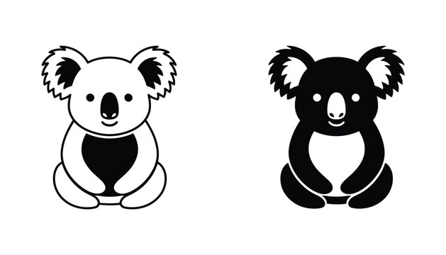 Cute koala bear sitting icon set in outline and silhouette style