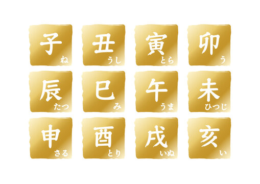 十二支の漢字とひらがなのゴールドボタンセット