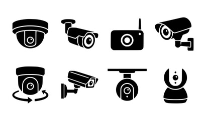​Modern Security Camera and Surveillance System Silhouette Icon Set Featuring Dome, Bullet, Wireless, and Smart Home Monitoring Devices for Safety and Protection Designs © MSTROTNA