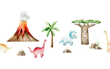 Cute dinosaur seamless border, Baobab tree, volcano eruption, lava, palm banner. Watercolor hand drawn prehistoric triceratops, diplodocus, Spinosaurus, Brachiosaurus animal. Isolated illustration on © Natalia
