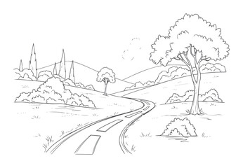 Fototapeta premium Winding country road through rolling hills and trees